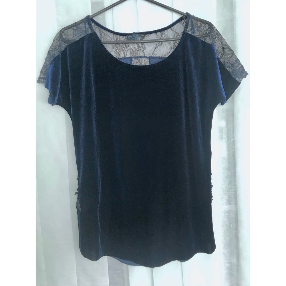 Zara Navy Blue Velvet Lace Top Short Sleeve Split Back Applique Womens Medium